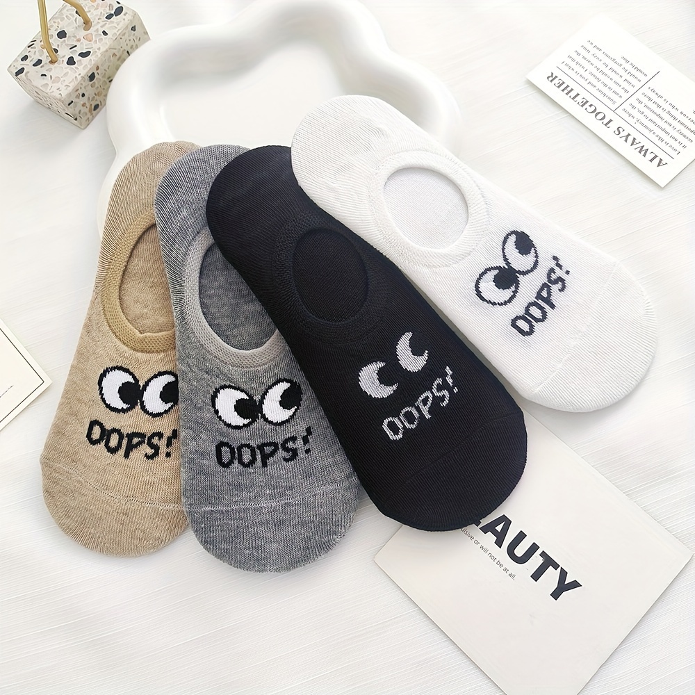 

4 Pairs Cute Eye & Slogan Print Socks, Non-slip Lightweight Invisible Boat Socks, Women's Stockings & Hosiery