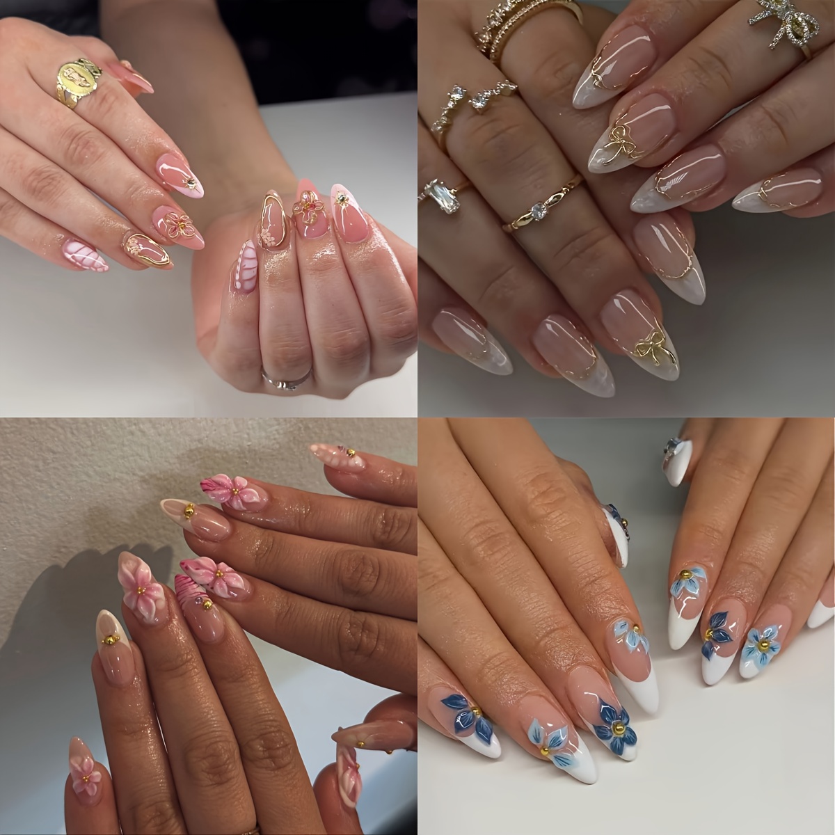 Image of Set Of Containing 96pcs Of Stylish Press-on Nails European And , Featuring Floral Patterns, Pearls, Bows, And A Gradient Water . This High-end Collection Includes Short Almond-shaped Fake Nails