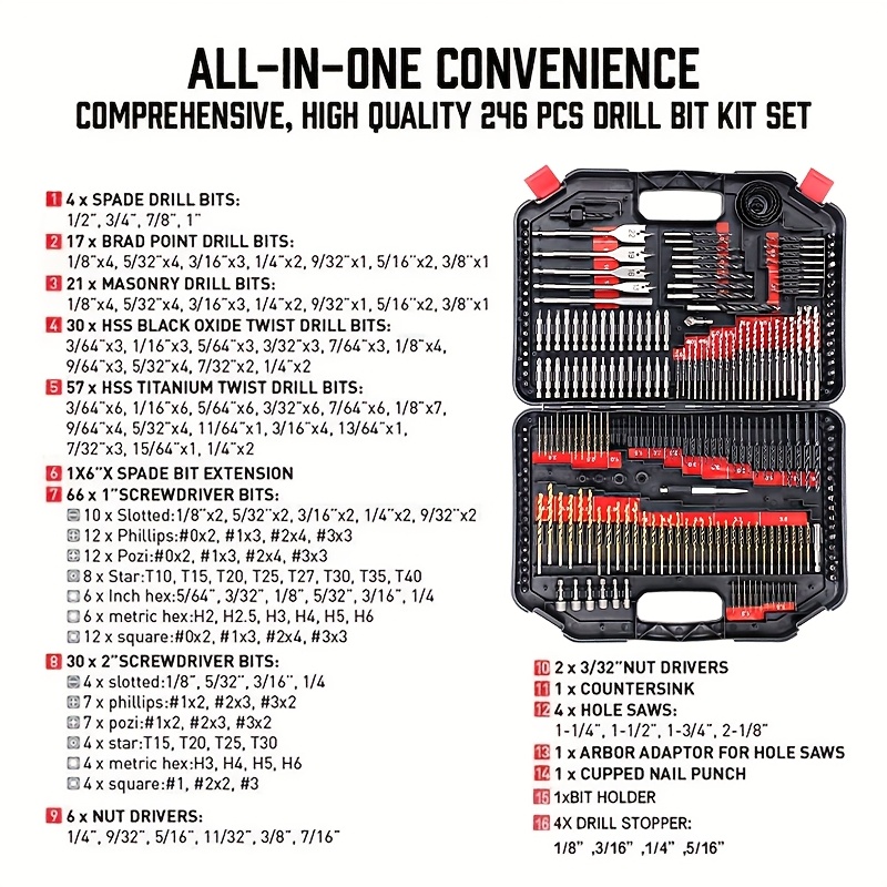 TEMU 246pcs Heavy-duty Titanium-coated Hex Shank Drill Bit Set With Storage Case - Metal Drill Bits For Steel, Aluminum, Copper, Soft Alloy &