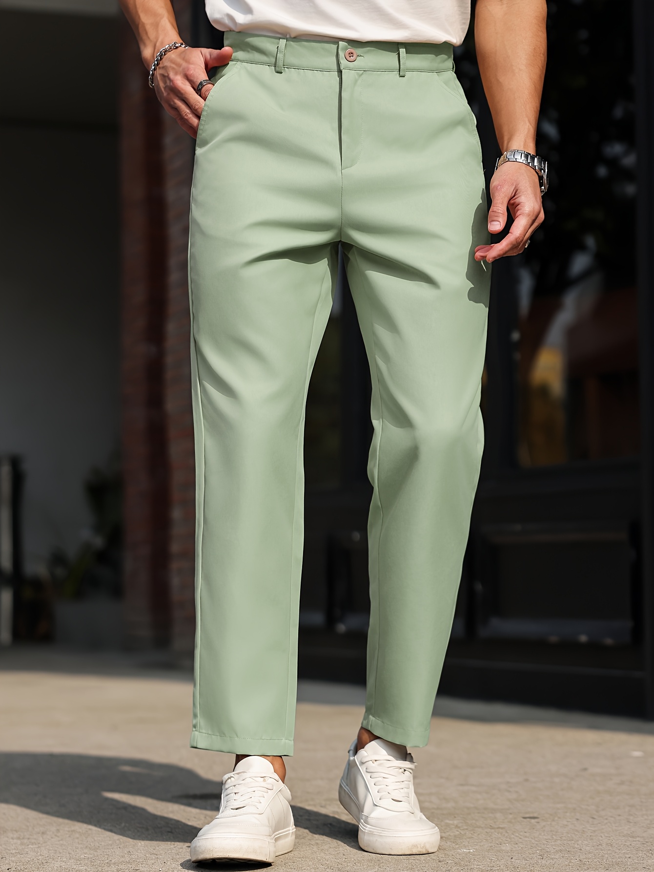 Men's Slim-Fit Casual Dress Pants - Solid Beige, Machine Washable, Straight Leg Design with Side Pockets, Perfect for Business or Leisure Outings, Allseason Trousers | Straight Leg Pants | Internal Zipper Closure