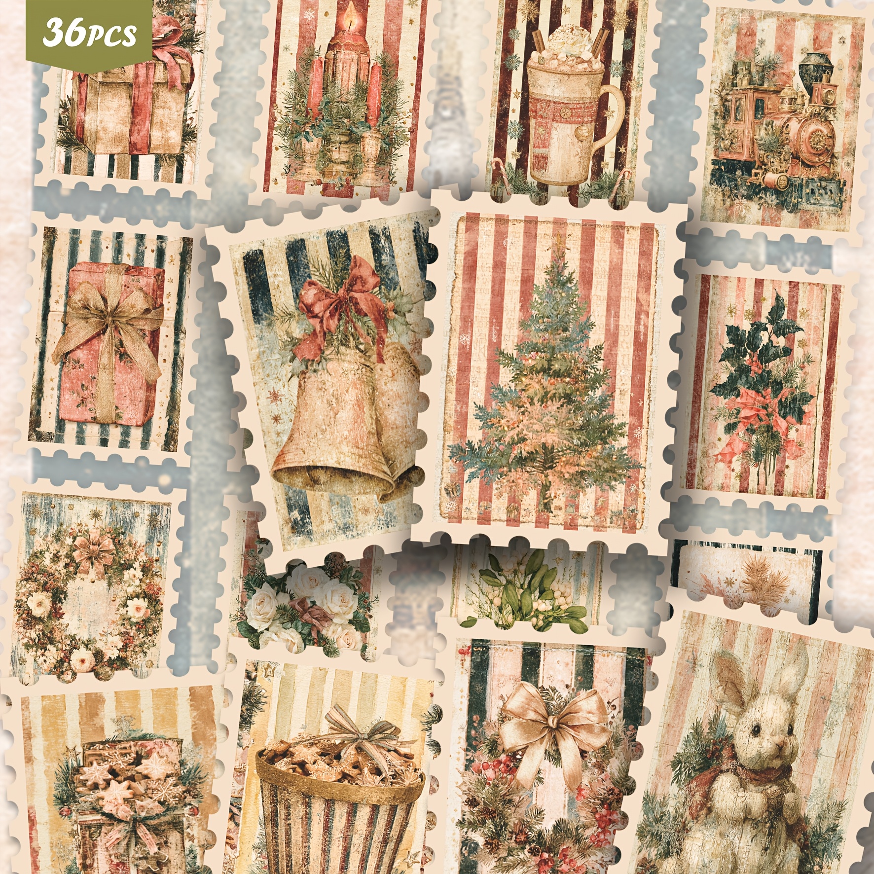 TEMU 36pcs Vintage Striped Christmas Decorative Sticker Set For Laptops, Aged Paper Prints With Bells, Gift Boxes, And Trees, Suitable For Journals,