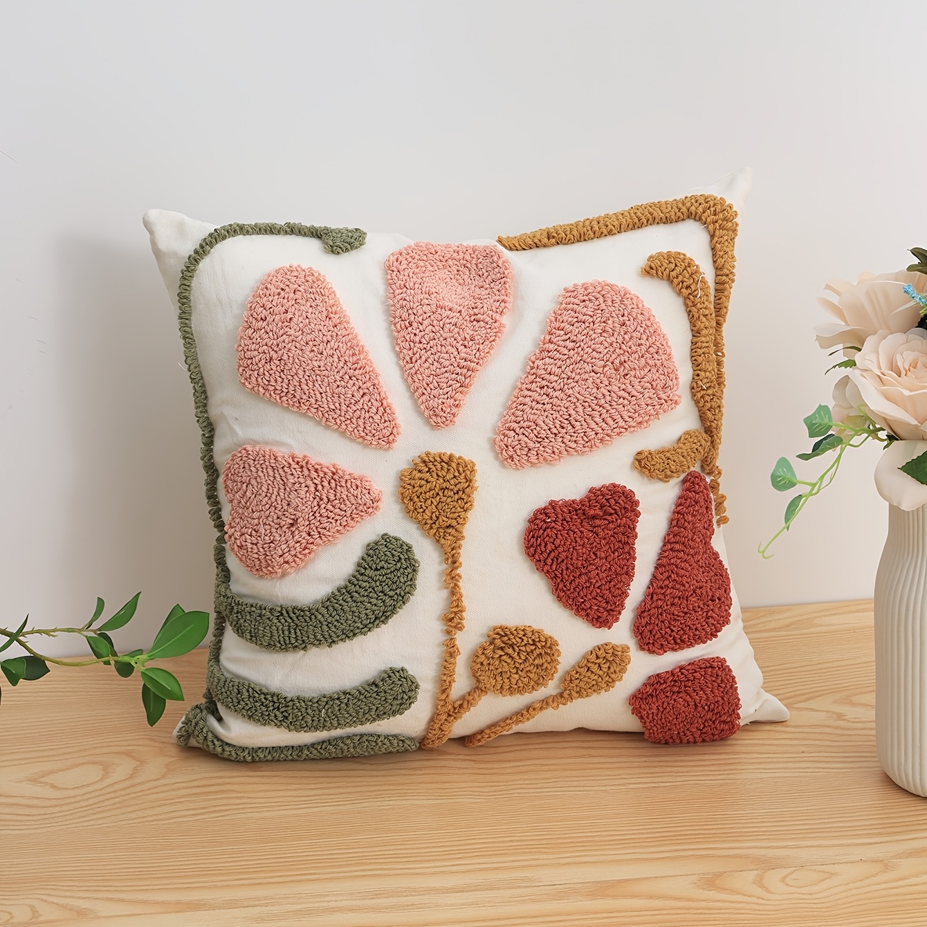 TEMU 1 pièce Housse de Coussin à Motif Floral Coloré, Broderie Chenille Style , Décoration Textile Quotidienne pour Salon, Chambre, Couverture de