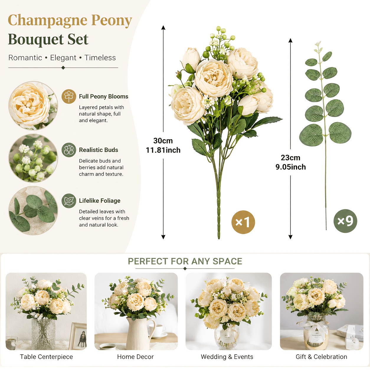 TEMU 10pcs Set Of Autumn Style Influencer Champagne-colored Artificial Peony Bouquet, High And Realistic Touch, Three-dimensional , Sun And Fade