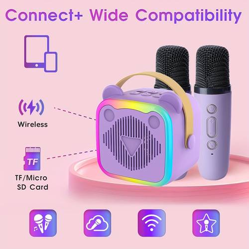 portable wireless karaoke machine with 2 microphones and rainbow lights usb c rechargeable mini singing speaker for kids adults compatible with smartphones home parties birthdays sky party entertainment cute design mesh mics lightweight stylish