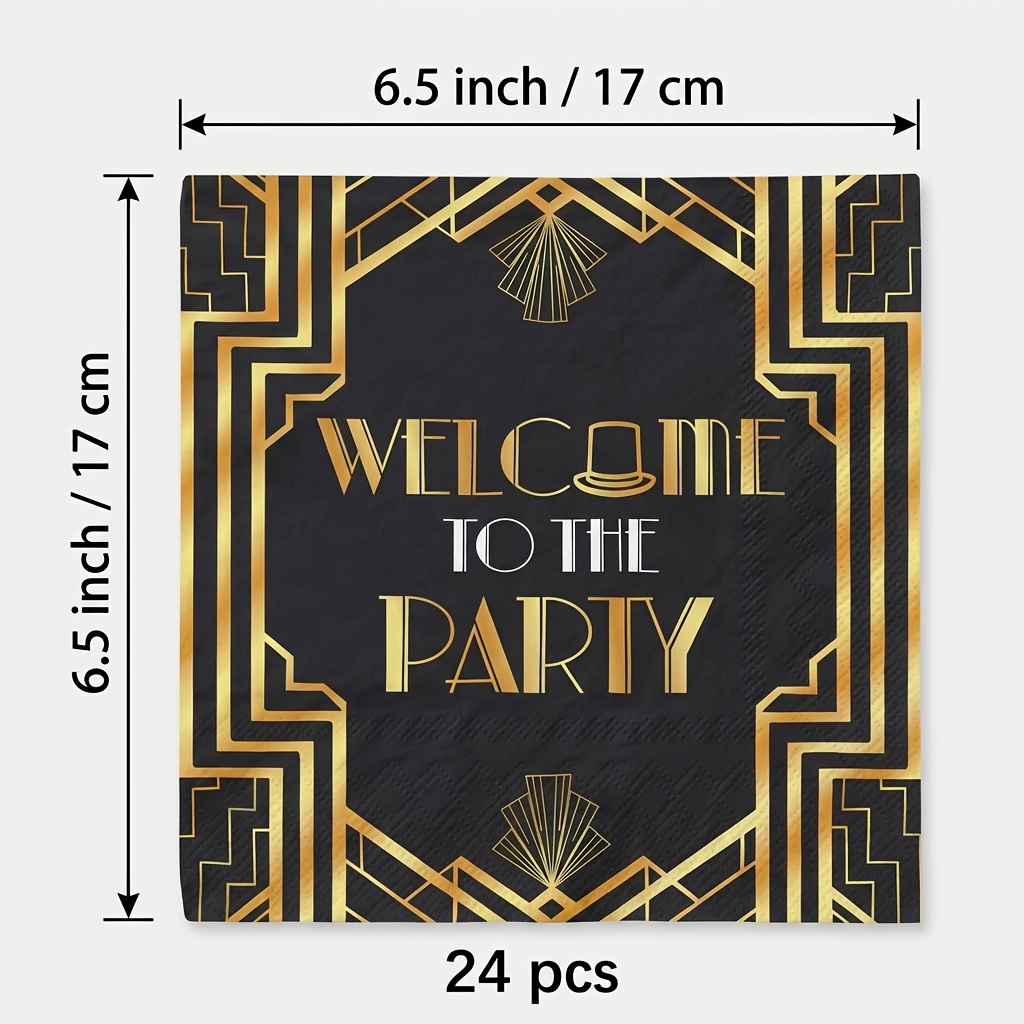 TEMU 24pcs Art Deco "" Themed Disposable Paper Napkins, Black And Golden Geometric Print, 2-ply Cocktail Napkins For Roaring 20s Or -style Party