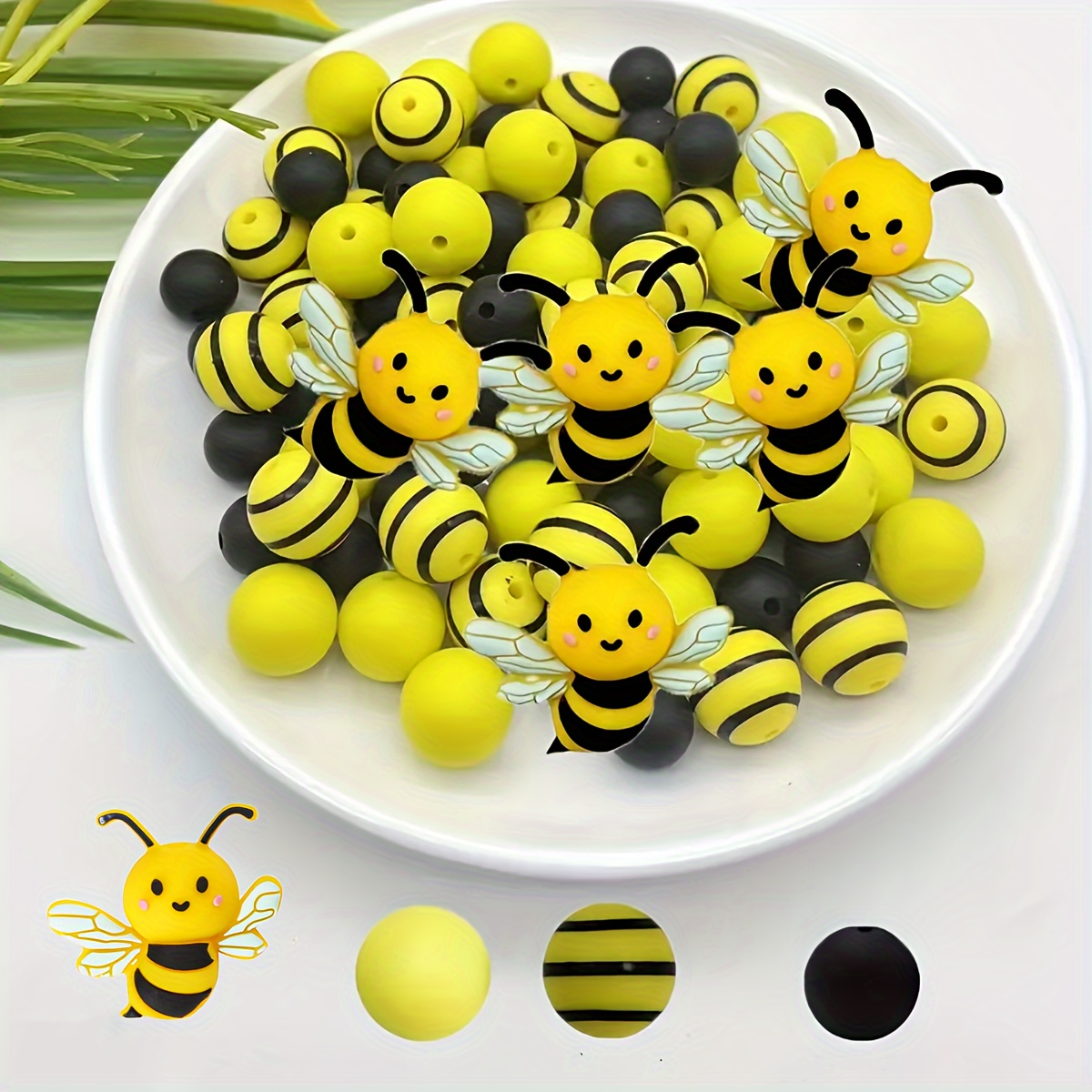 

35-piece Silicone Bee Shaped Beads Assortment For Diy Bracelets, Keychains & Crafts – & Striped Round Beads Silicone Pen Making Kit