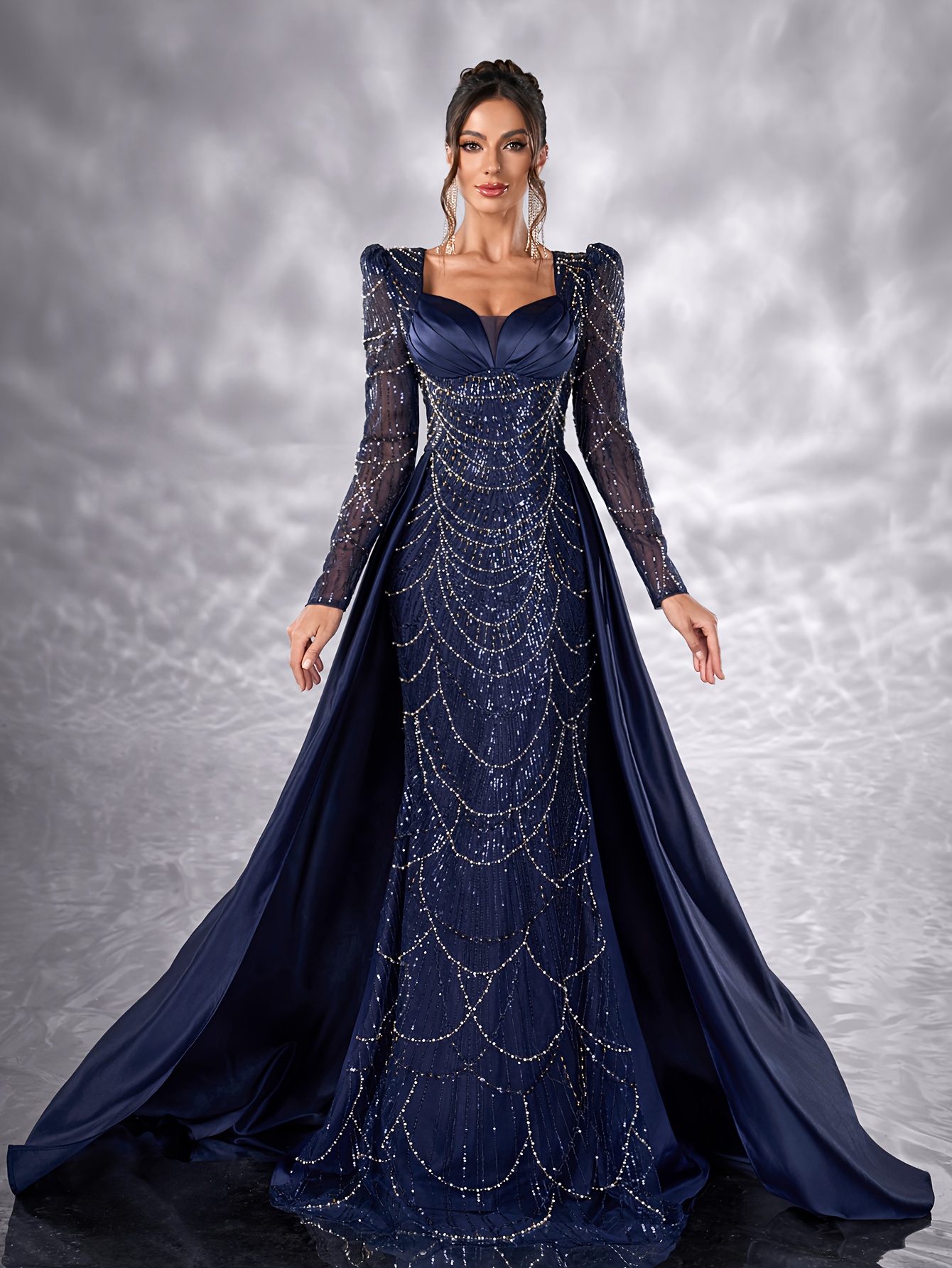 sachin and babi light blue dress Berylove Women Navy Beaded Applique Spaghetti Straps Mermaid Prom Dress  with Slit Corset Ruched Floor Length Formal Dress main image 0