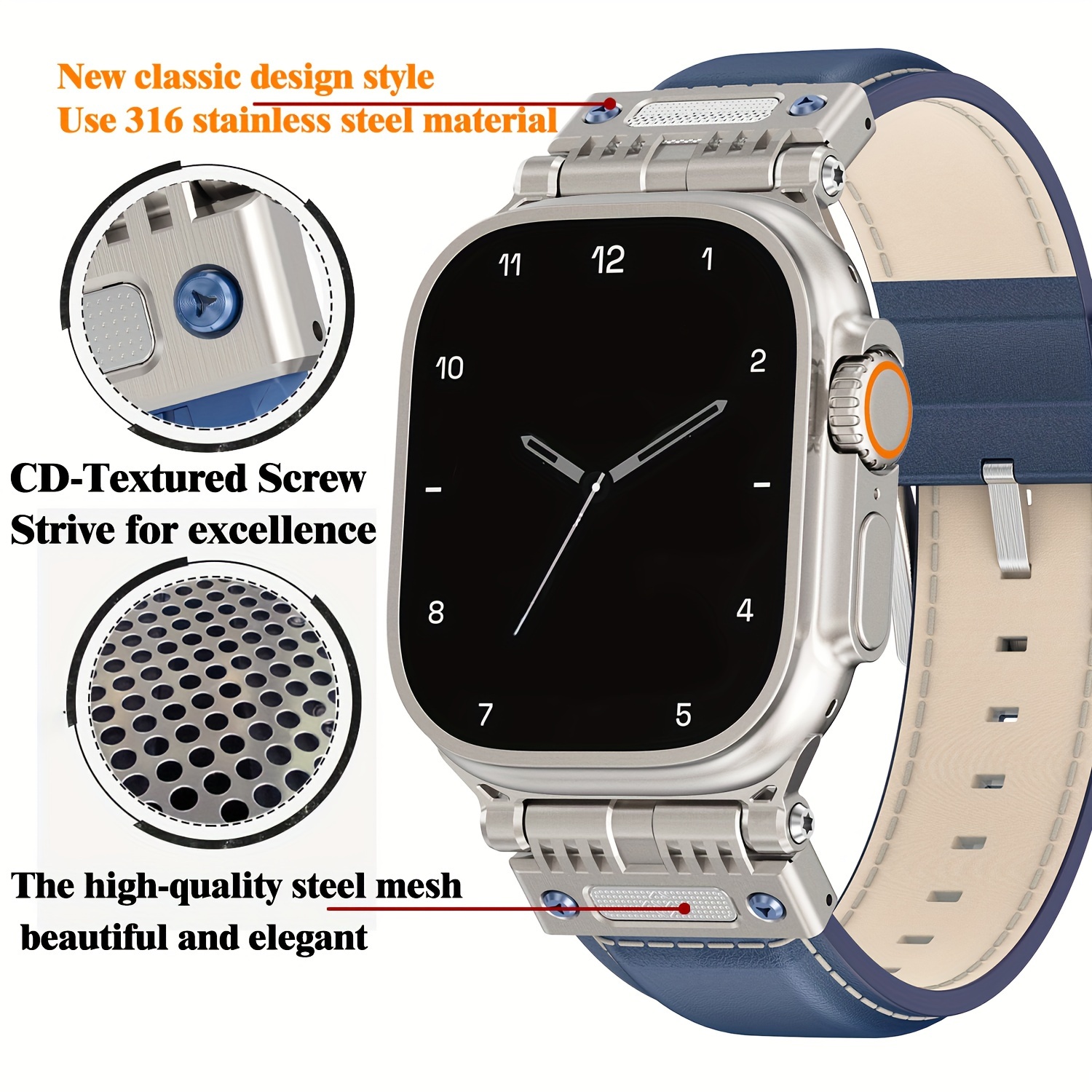 Genuine Band for Apple Watch Ultra 3/2/1 (49mm), Series11/10 (46mm), Series 9-1(45mm/44mm/42mm) & SEwith Rugged Stainless Steel Metal Connectors - Men's Strap