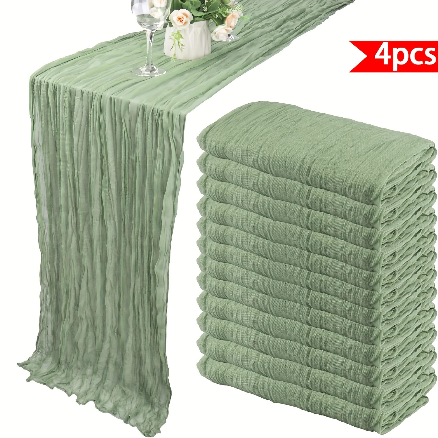 4pcs Sage Green Cheese Cloth Tablecloth Sage Green Table Flag Bohemian Gauze Cheese Cloth Tablecloth Transparent Countryside Suitable For Wedding, Birthday, Party Decoration