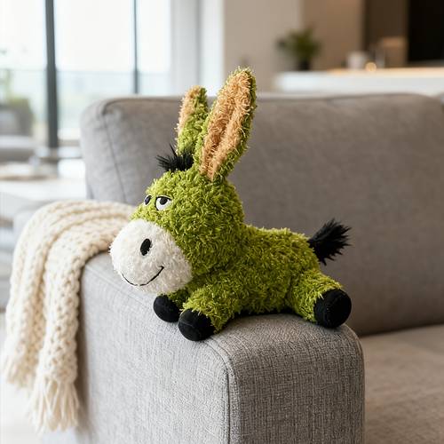 plush pet toy for cats and dogs featuring a squeaky interactive soothing companion toy with a cartoonish and donkey design made of soft double layer composite material safe for chewing and tear resistant suitable for breeds and