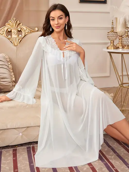 SUNSIOM Women Deep V-neck Lace Sheer Nightgown Full-Length Long Night Dress