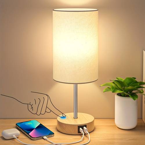 1 2pcs bedside table lamp for bedroom 3 way dimmable touch lamp usb c charging ports small base round shade for living room desk a19 led bulb included
