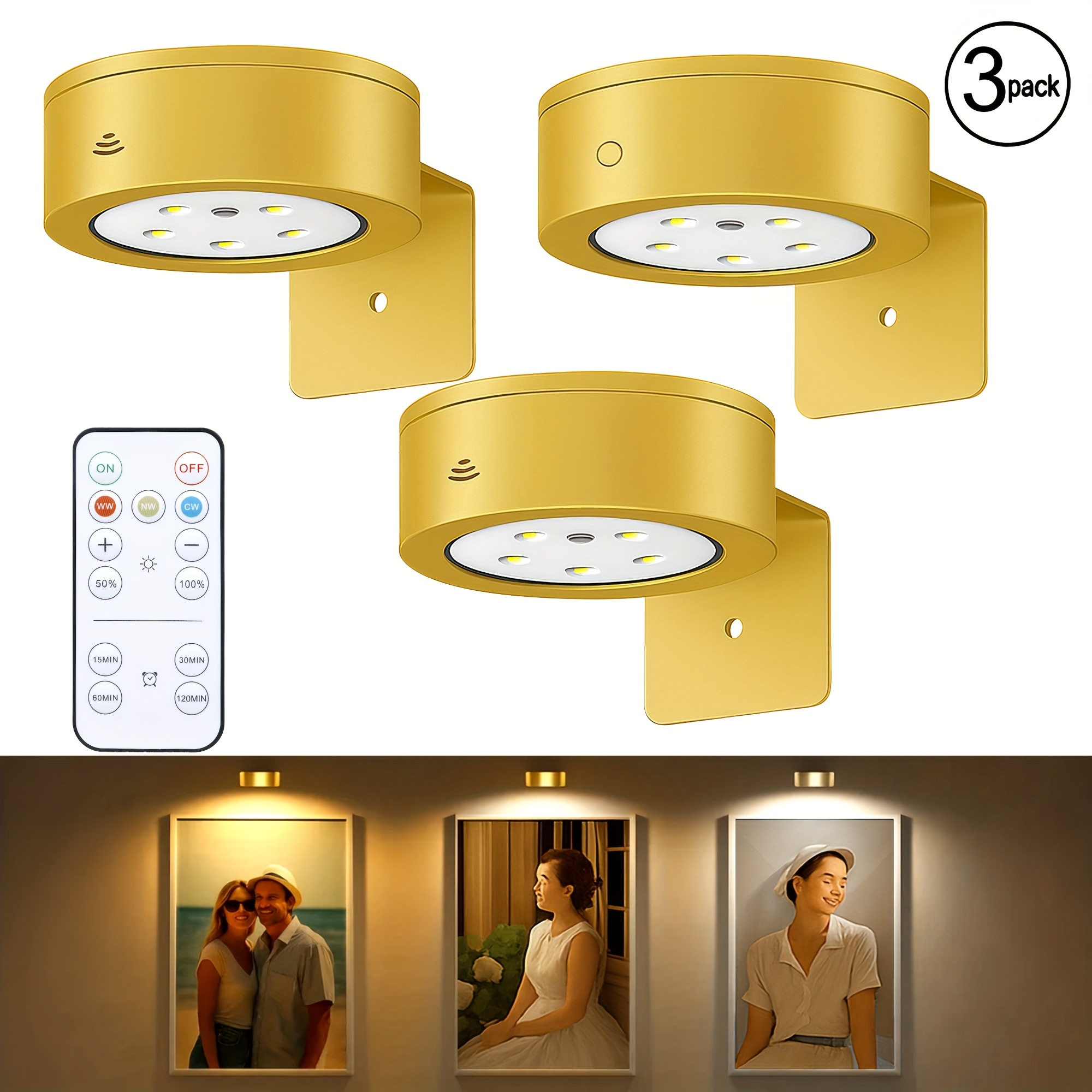 TEMU Set Of 6/3 Battery-powered Picture Lights Featuring A Magnetic , Remote Control For Dimming And Timing, For Art Displays, Wireless Puck Lights