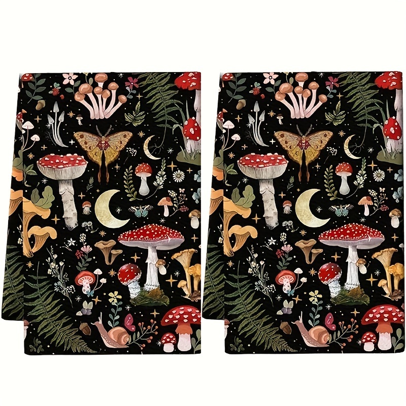 

2pcs, Kitchen Towels, Fresh Mushroom Floral Pattern Dish Towels, Absorbent And Soft Tea Towel Set, Quick Drying Dish Cloths, Cleaning Supplies, Kitchen Decor