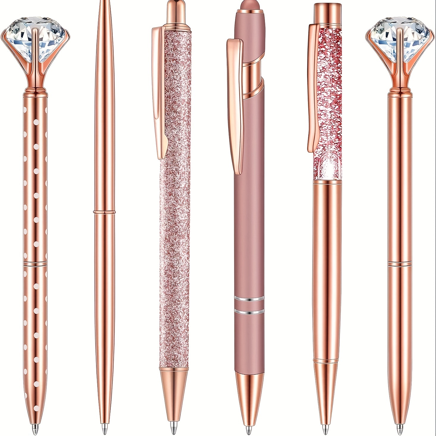 

6pcs Rose Golden Ballpoint Pen Set Include Crystal Diamond Pen Slim Metal Ballpoint Pens Black Ink Stylus Pen Liquid Sand Pen Retractable Glitter Pen For Office School Gifts Wedding Party Supplies