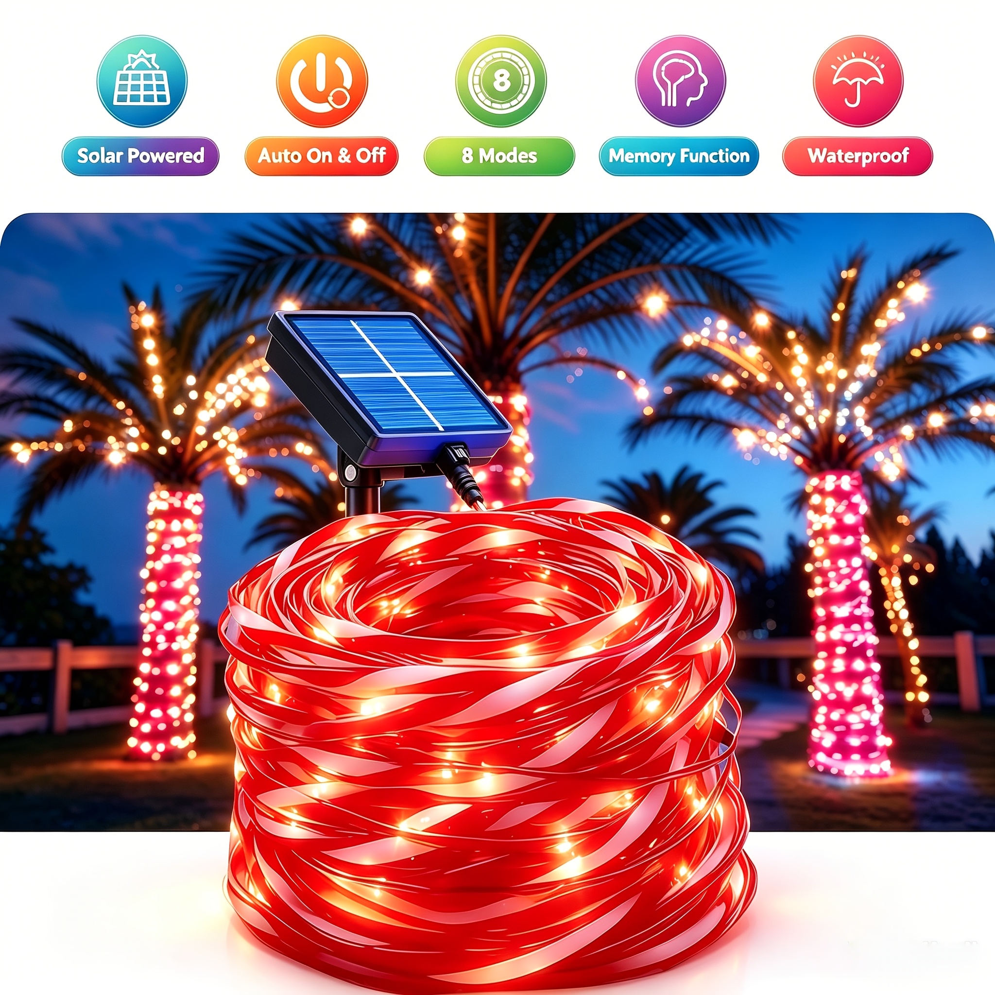 TEMU 35ft 100 Led Red And White Solar Candy Cane String Lights, Ip65 Outdoor Solar Lights For Backyard, Garden, Steps, Pool, Trees, And Deck