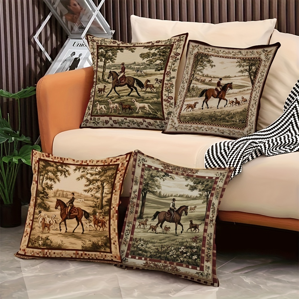 

4-pack Vintage Equestrian Tapestry Design Pillow Covers, 18x18 Inch, Machine Washable, Zippered Polyester Decorative Throw Cushion Cases For Home And Office Decor