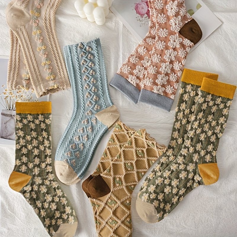 

5pcs Vintage Floral Embossed Mid-calf Socks For Teens - Breathable Polyester , All , Novelty Socks