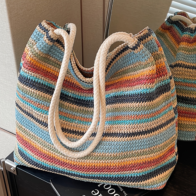 E-shop Damen Tote Bag mit großem Fassungsvermögen - Mehrfarbig gestreifte Handtasche mit Reißverschluss, geräumige Arbeits, Reise- und Strandtasche -