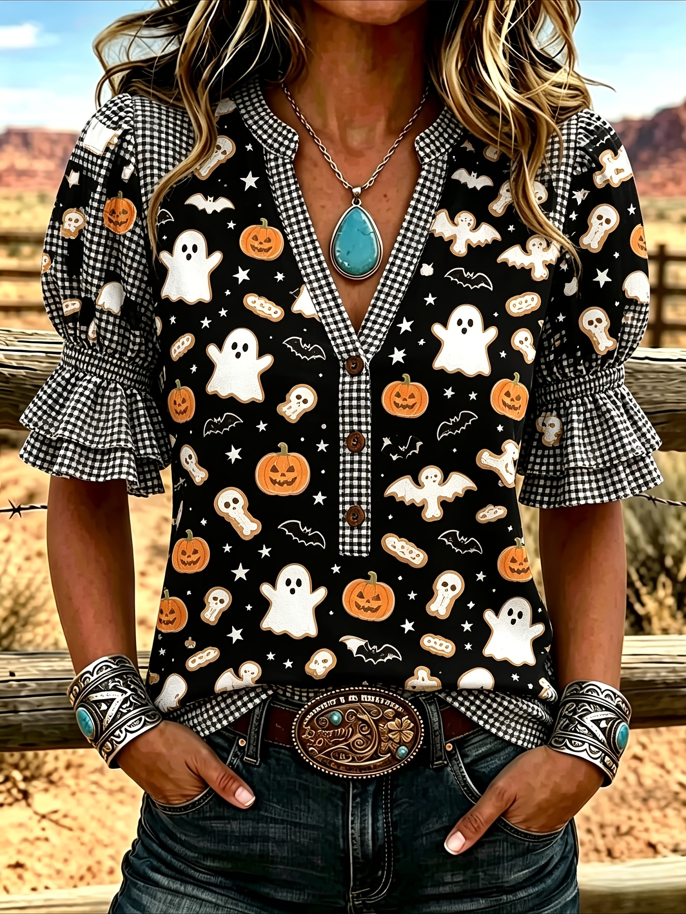womens v neck ruffle sleeve blouse orange animal   boho everyday top