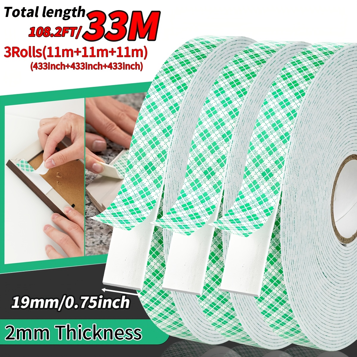 TEMU Super Lange 33M Heavy-Duty Dubbelzijdige Tape, Duurzame Dubbelzijdige Polyurethaan Schuim Tape, Groen Mesh Papier Spons Tape - Gebruikt voor