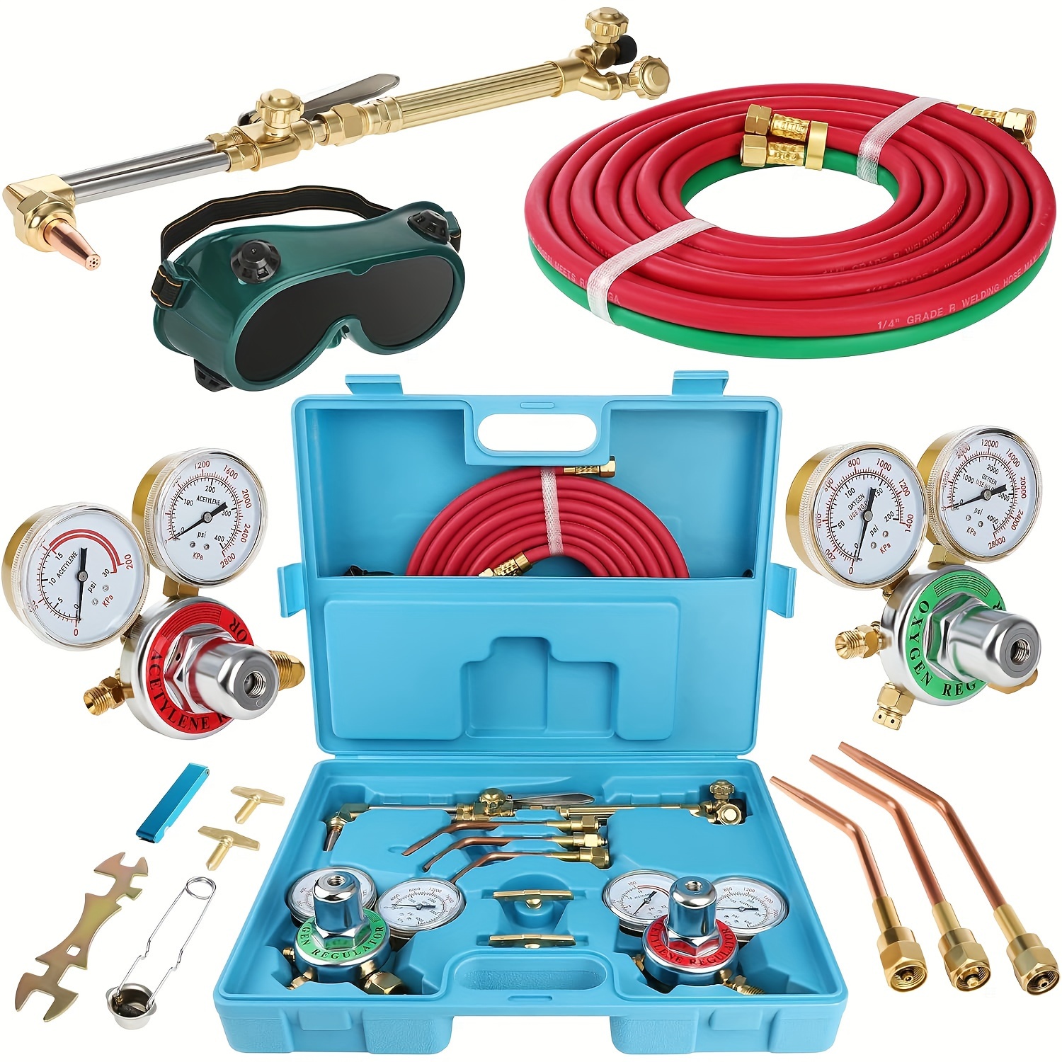 

Cutting Welding Torch Kit Oxygen & Acetylene Gas Portable Oxy Brazing Kit Professional Welder Tool Set With 2 Hose, Regulator Gauges, Storage Case Blue