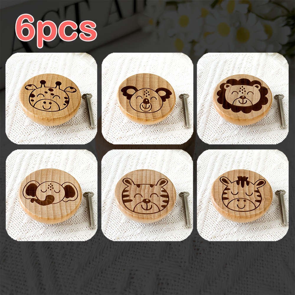 Image of 6pcs Handmade Unique Wood Engraved Cute Animal Pattern Dresser Knob Kitchen Cabinet Pulls Wooden Single Hole Bowl Shape Drawer Knobs Decoration Furniture Handles