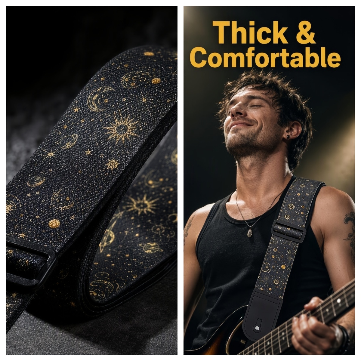 TEMU Black Golden Print Guitar Strap, Adjustable Universal Strap For Acoustic Guitar Electric , Suitable For Performances And Practice
