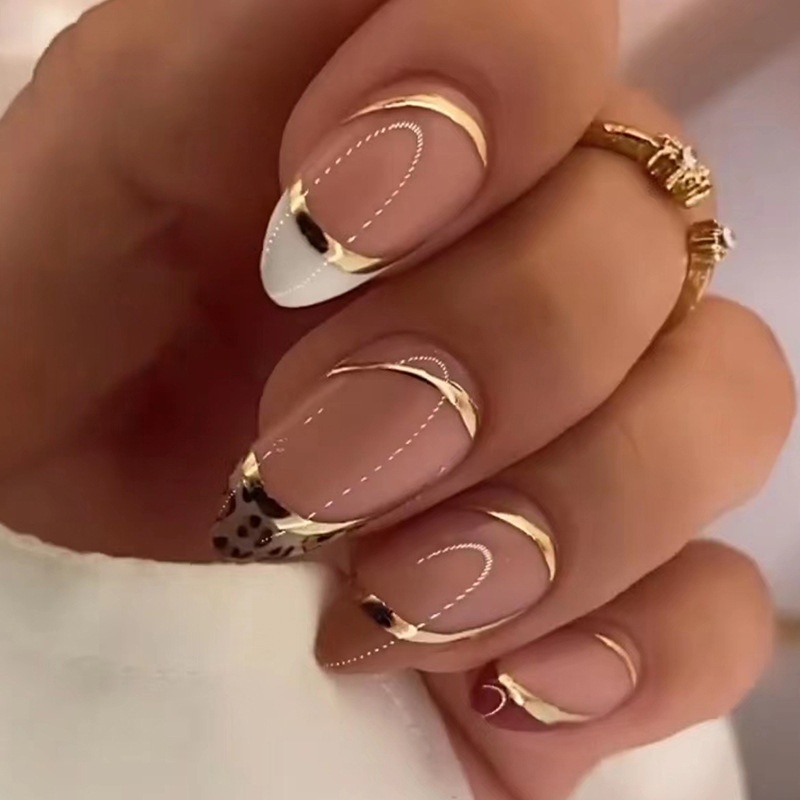 TEMU 24 uñas postizas negras, blancas y doradas con forma de , diseño de moda de línea larga, regalo para de la