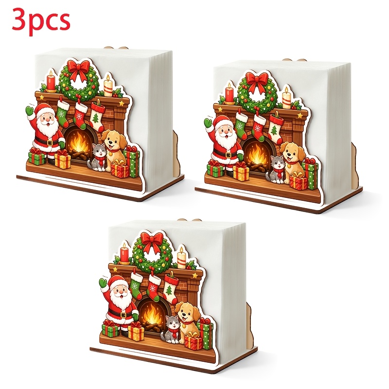 TEMU 1pc/3pcs Santa Claus Fireplace Pet Wooden Napkin Holder, Cute Christmas Desktop Tissue Box, Christmas Fireplace Wreath Stocking Napkin Holder,