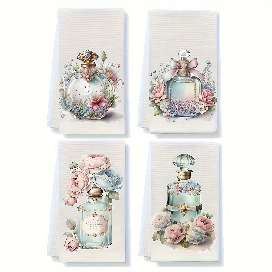 

2pcs And Perfume Bottle Floral Kitchen Towels, Multifunctional Absorbent Lightweight Microfiber Towel, Perfume Lover Gift, Suitable For Home Kitchen Dinner Wedding Gift, Home Decor