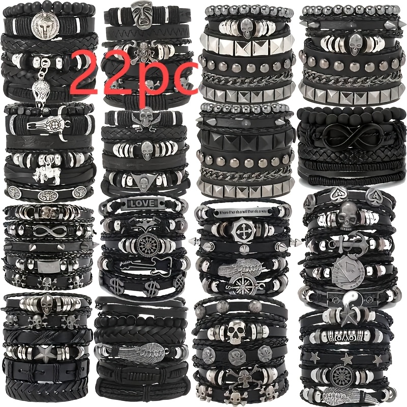 E-shop 22-teiliges Set handgewebter Armreif-Armbänder aus schwarzen braunen Holzperlen PU-Leder, Halloween-Weihnachtsgeschenk