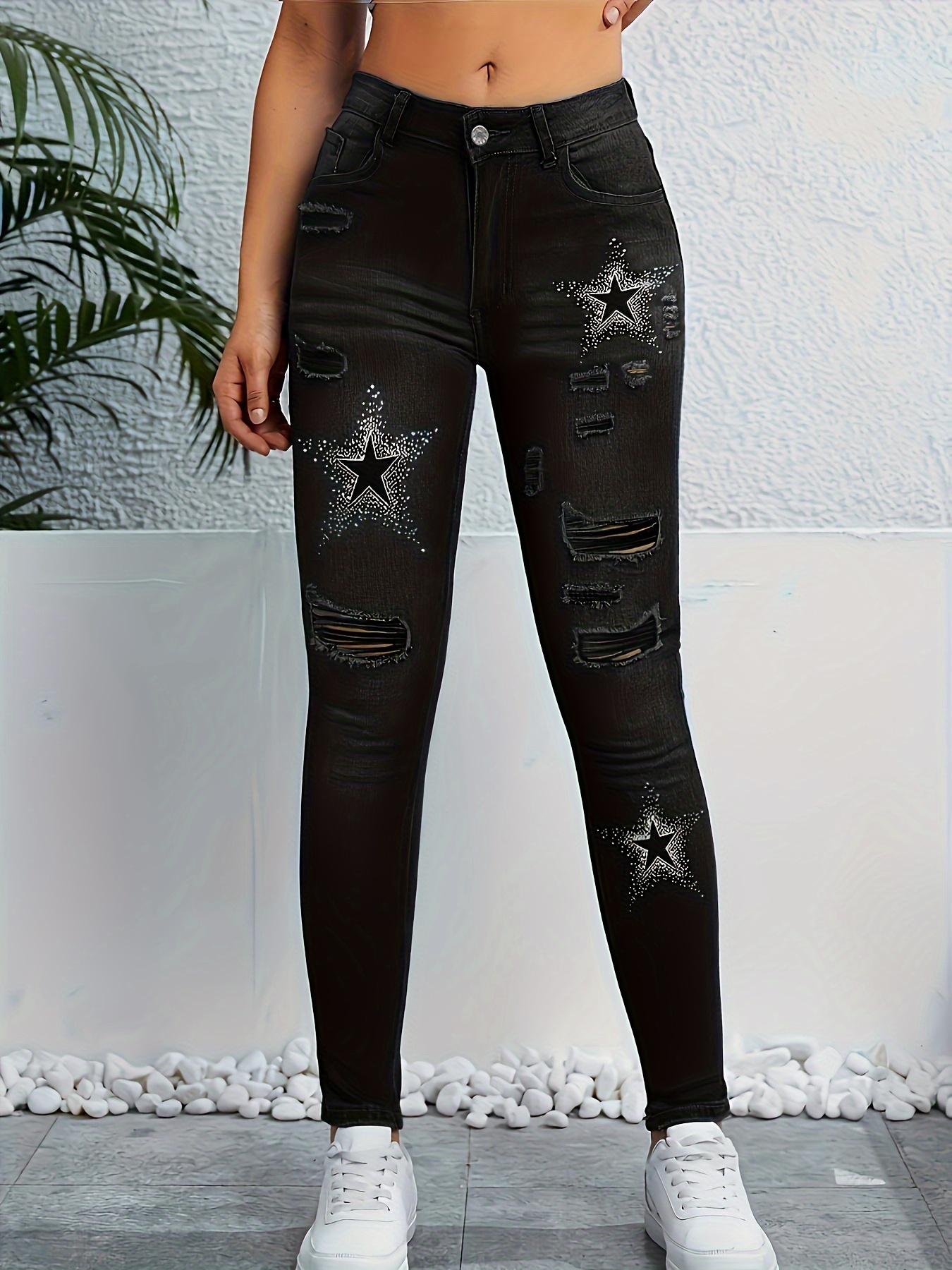 Ripped Holes Casual Skinny Jeans, High Stretch Slim Fit Denim Pants,  Women's Denim Jeans & Clothing