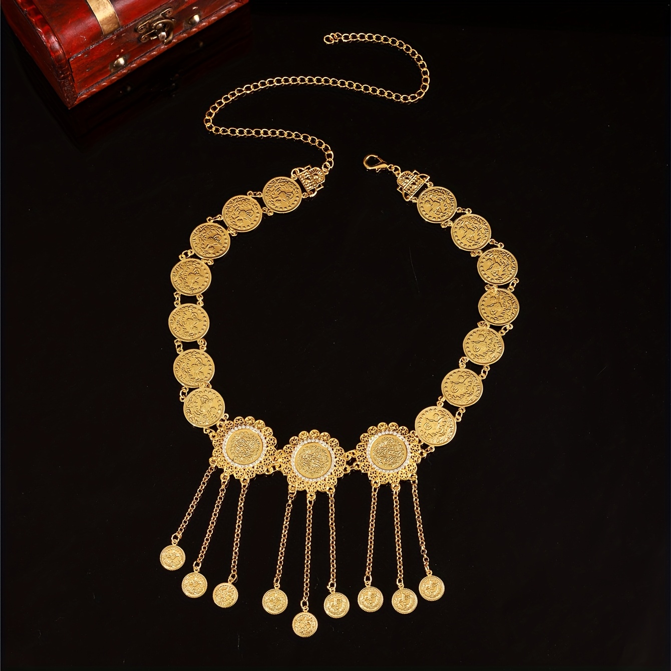 Image of 1 Round Pendant Tassel Belt Rhinestone Inlaid Alloy Golden-plated Middle Eastern Women's Belt Festival Performance Wear Additions