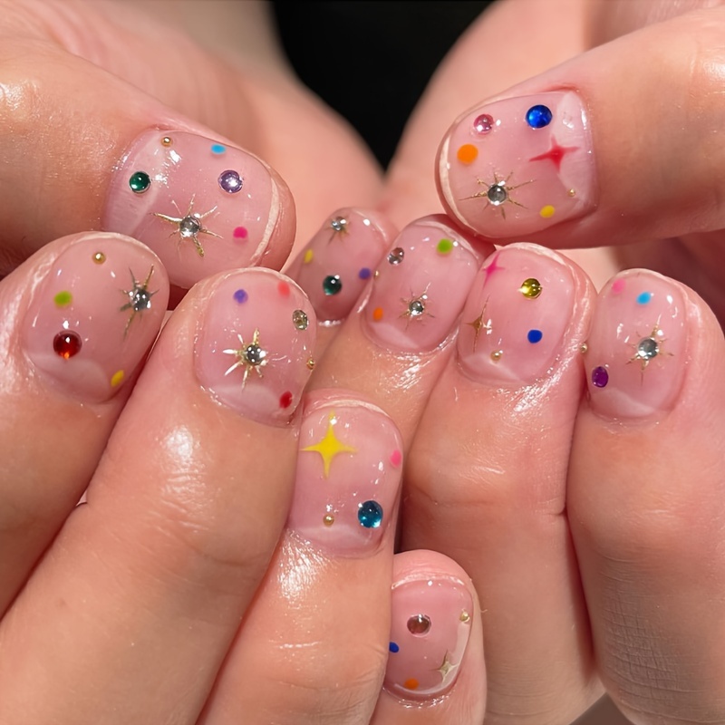 

24pcs Short Square Press On Nails&fake Nail, Multi-colored Stars And Rhinestone Design, For Women