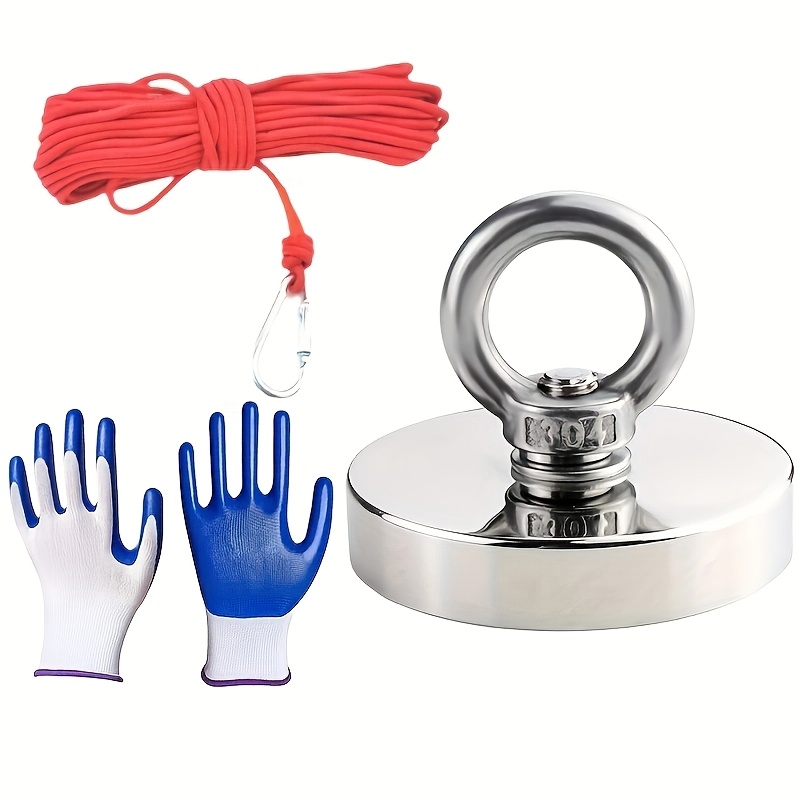 

3pcs Magnetic Salvage Hook Set, Polished Metal , With Super Strong Magnet, 787" Heavy-duty Red Rope, Anti-slip Gloves For Fishing & River Rescue