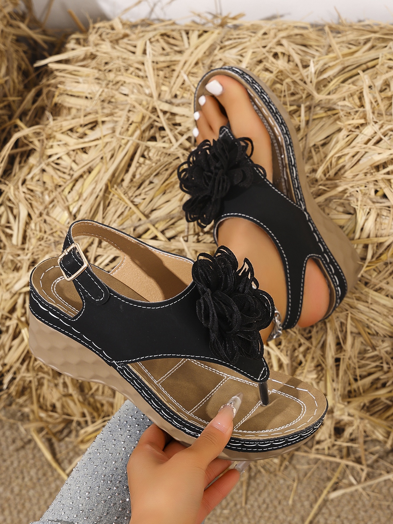 womens summer wedge sandals slip on open toe casual shoes with floral accents soft synthetic cover pu sole comfortable lightweight design for beach office or casual attire Product details 14