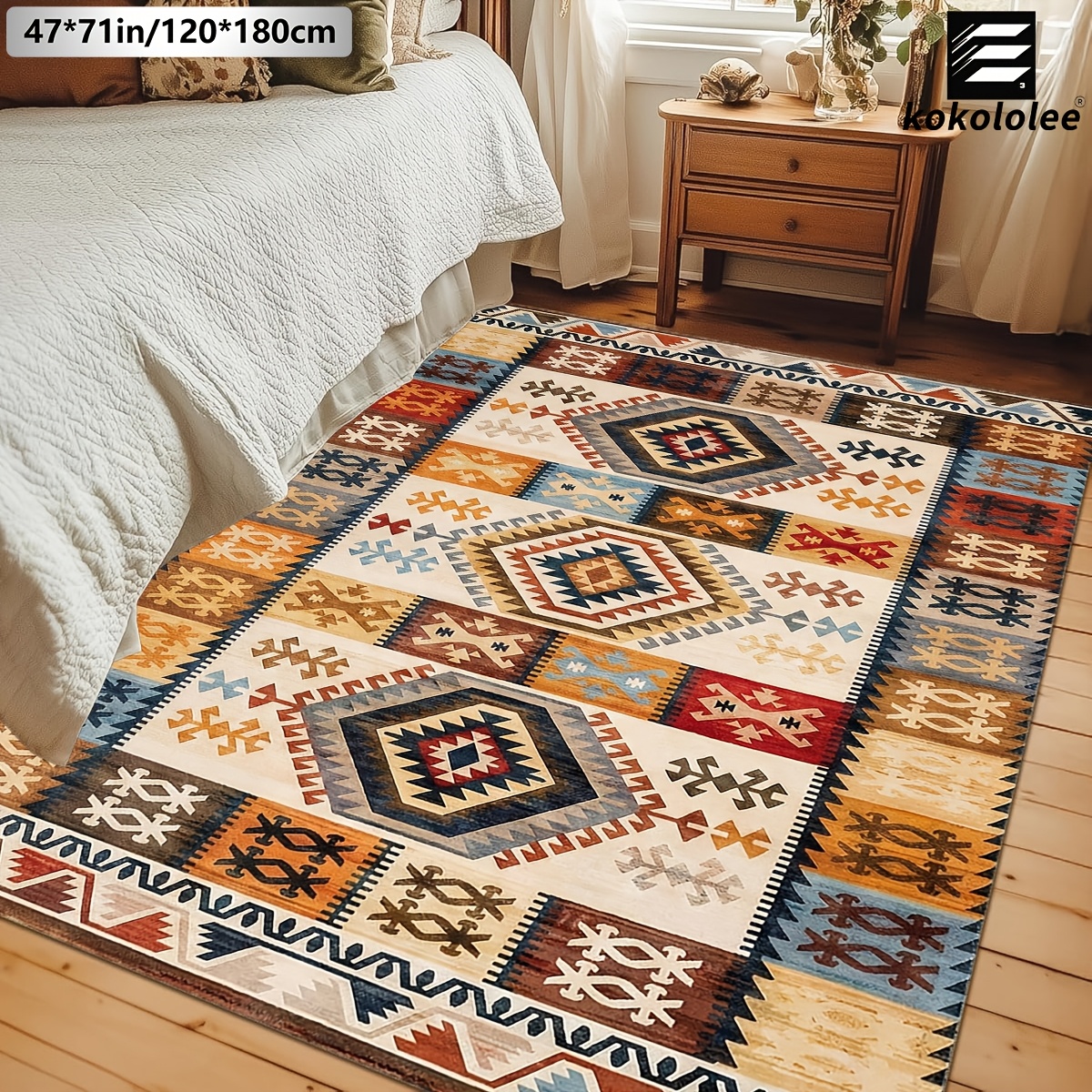 TEMU 1pc Kokololee Luxury Velvet Area Carpet - Bohemia Pattern Boho Carpet, Non-slip Backing, Machine Washable, 100% Polyester Fiber - Ideal For