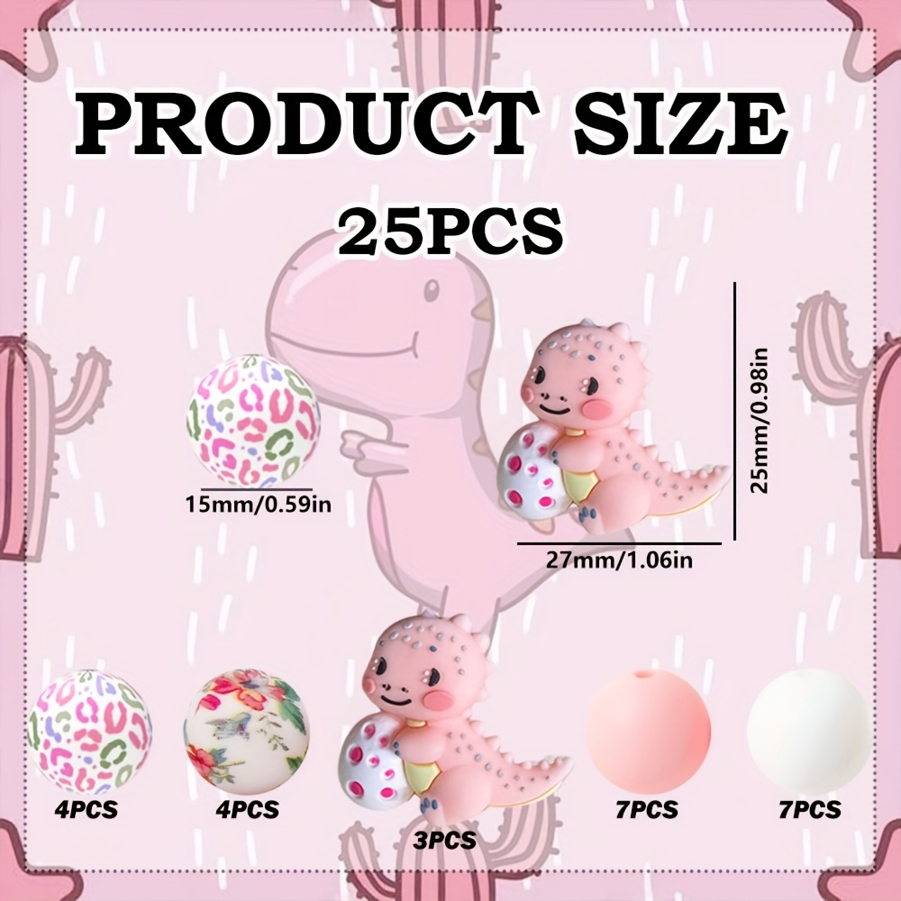 TEMU 25 Silicone Beads, 3d Pink Dinosaur Silicone Beads, Glossy Pink Beads, Glossy White Loose Beads, Suitable For Jewelry Decoration Additions. Used