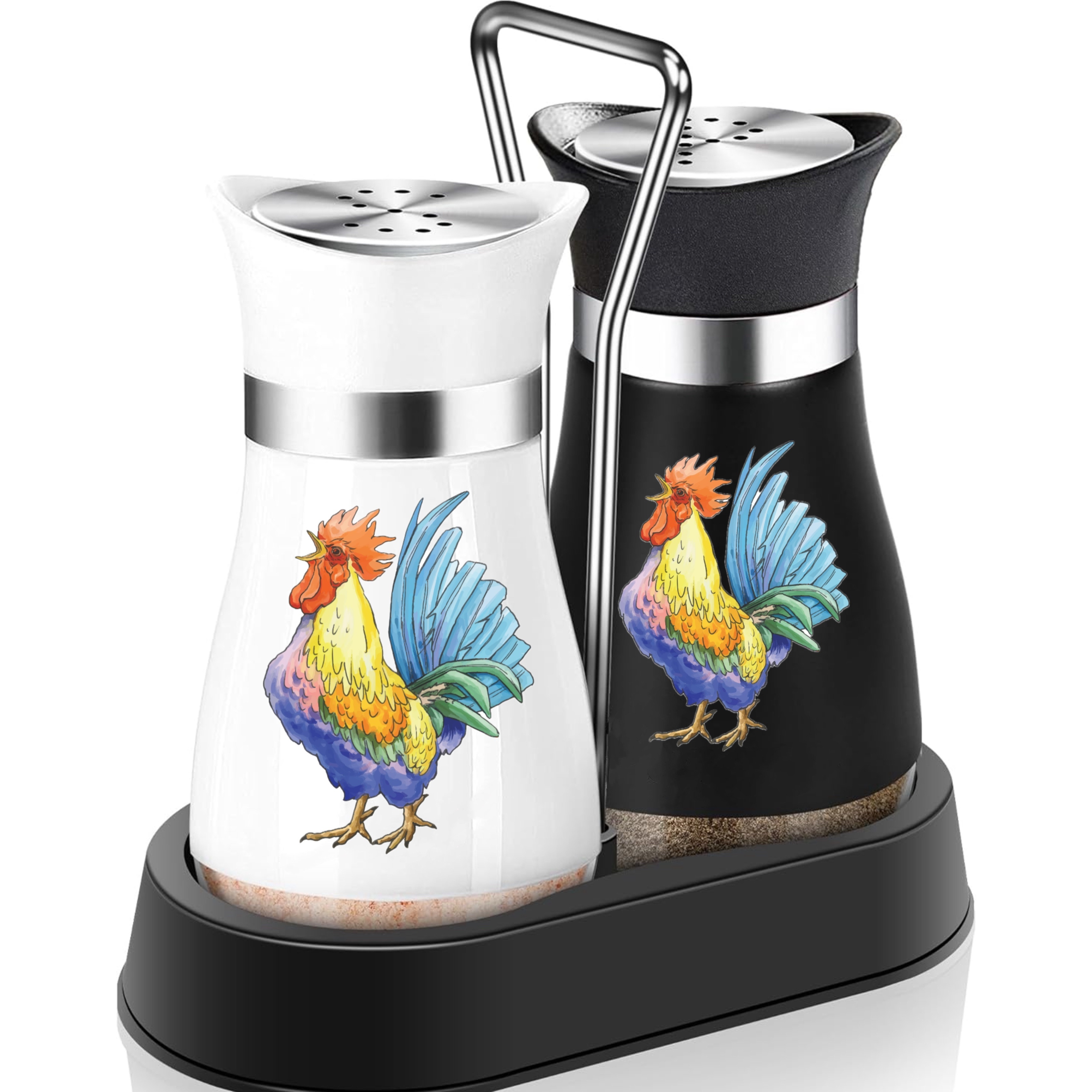 

Rooster Pattern Stainless Steel And Glass Salt & Pepper Shaker Set With Holder - 4 Oz Refillable Seasoning Dispensers For Kitchen Decor, Farmhouse Housewarming Gifts, Dining, Rvs, Camping, Bbq