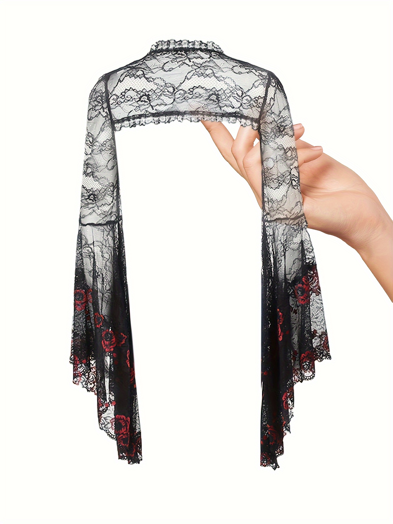 Gothic Style Guipure Lace Open Front Cape, Flare Sleeve Crop Shawl Top For Party & Cosplay, Women's Clothing