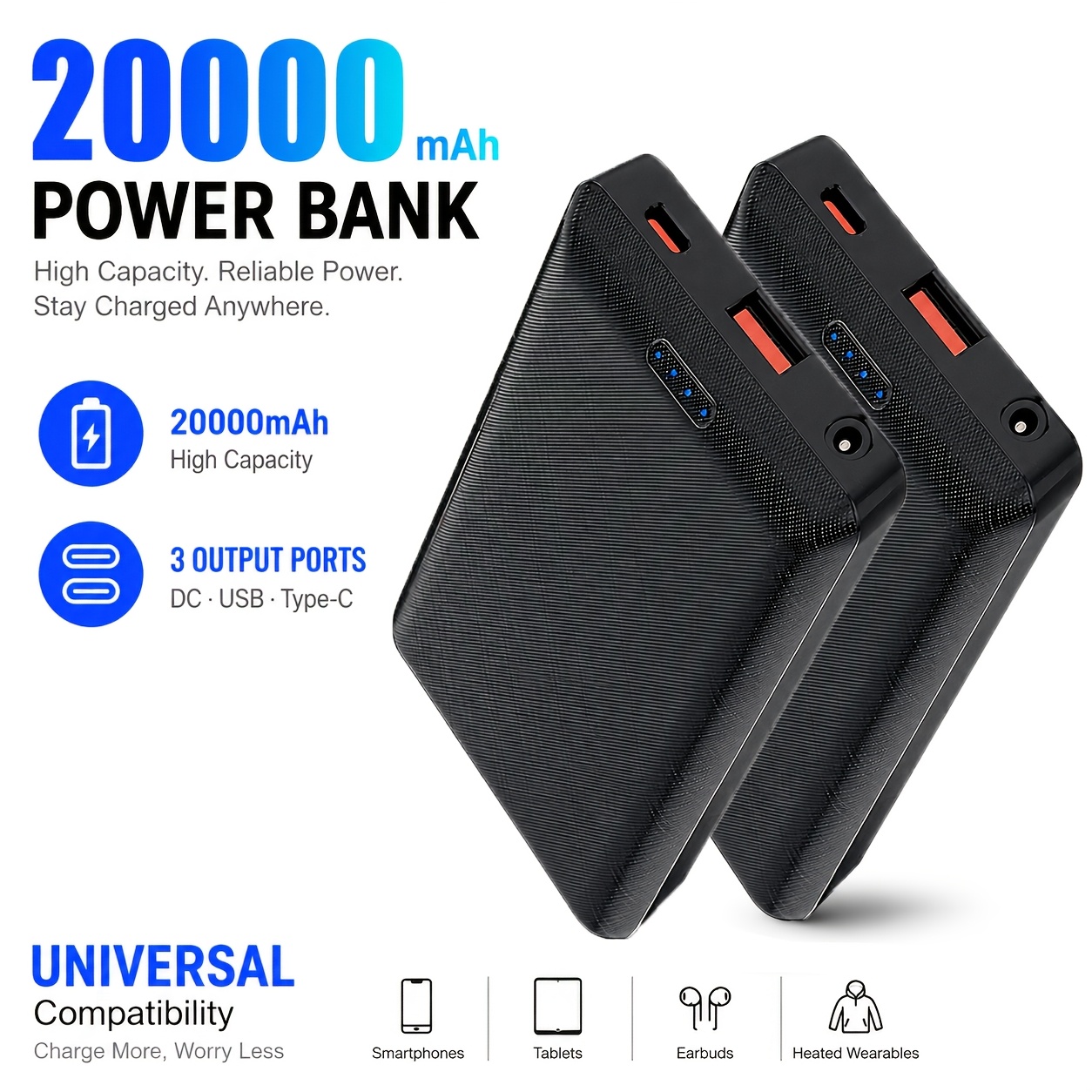TEMU 20000mah Portable Power Bank 5v 3a Heated Vest Battery Pack Multi Port Usb A Type C Portable Charger For Heated Clothes Phones Earbuds