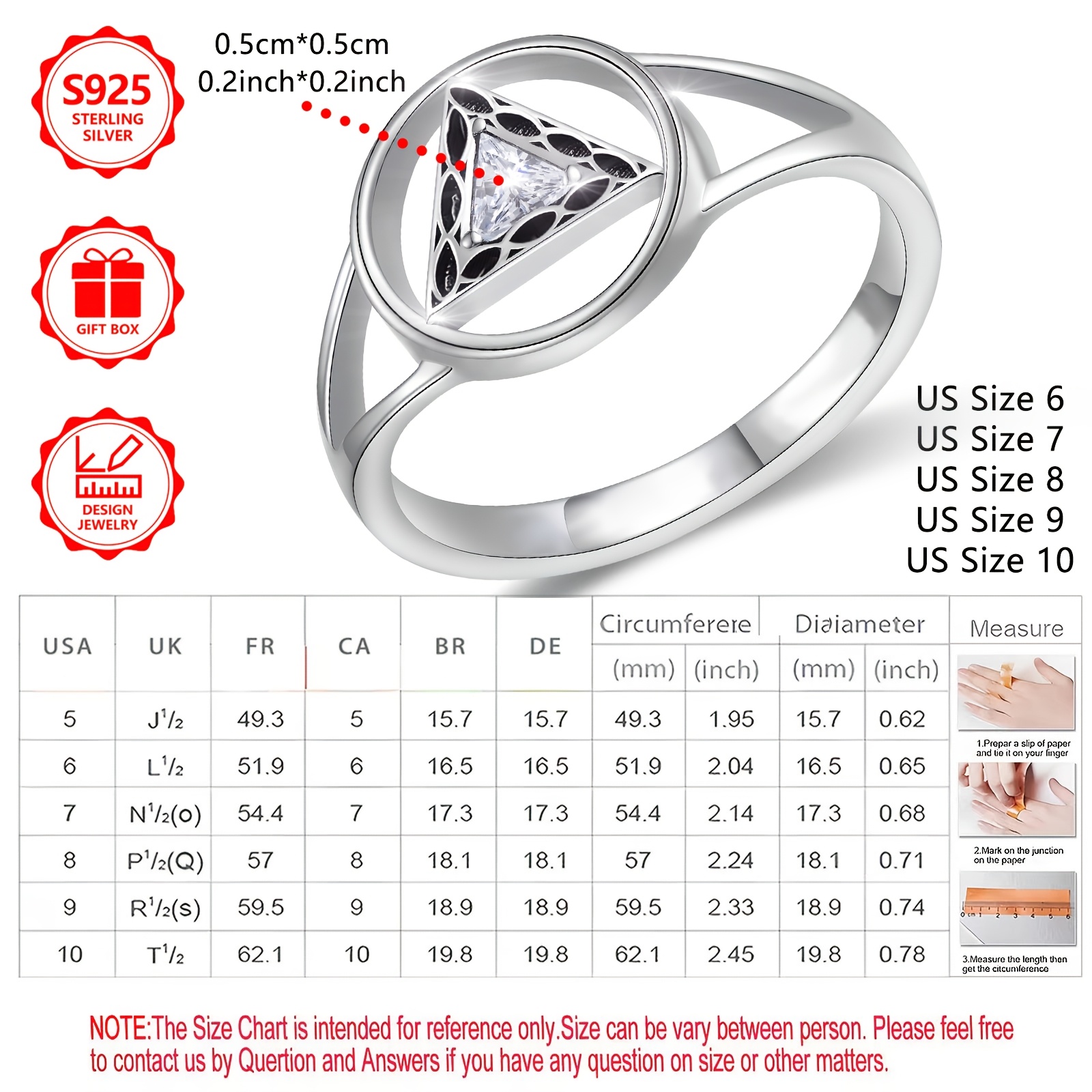 925 Sterling Silver Triangle Zirconia Hollow Circle Ring
