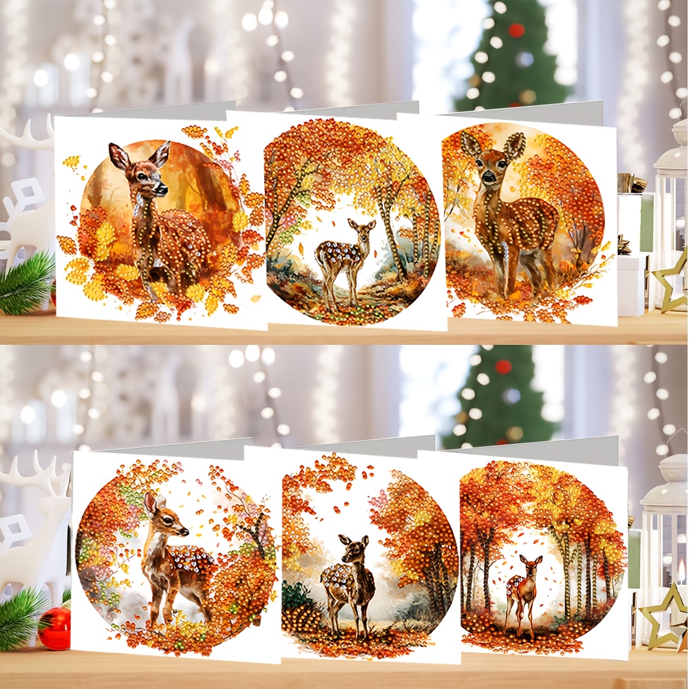 TEMU 6pcs Diy 5d Diamond Painting Greeting Card With Envelope - Handmade Maple Leaf & Reindeer Crystal Rhinestone Art Cards Suitable For Christmas,