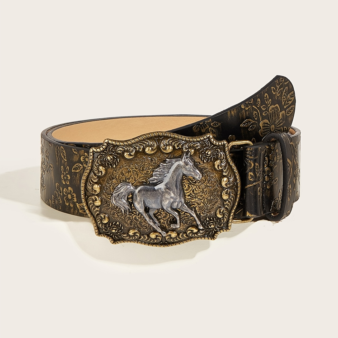 TEMU 1pc Unisex Retro Animal Buckle Pu Belt All-match Embossed Western Style Belt, , Fashionable Commute Vacation Belt For Matching Pants, Suitable