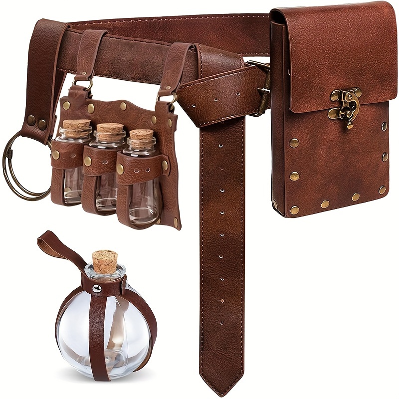 

5pcs Renaissance Costume Accessories Set, Leather Steampunk Street Style, Leather Belt With Pouch And Waist Bag, Keychain Hook, Wizard Glass Potion Bottle For Cosplay, Festivals, Halloween - Coffee