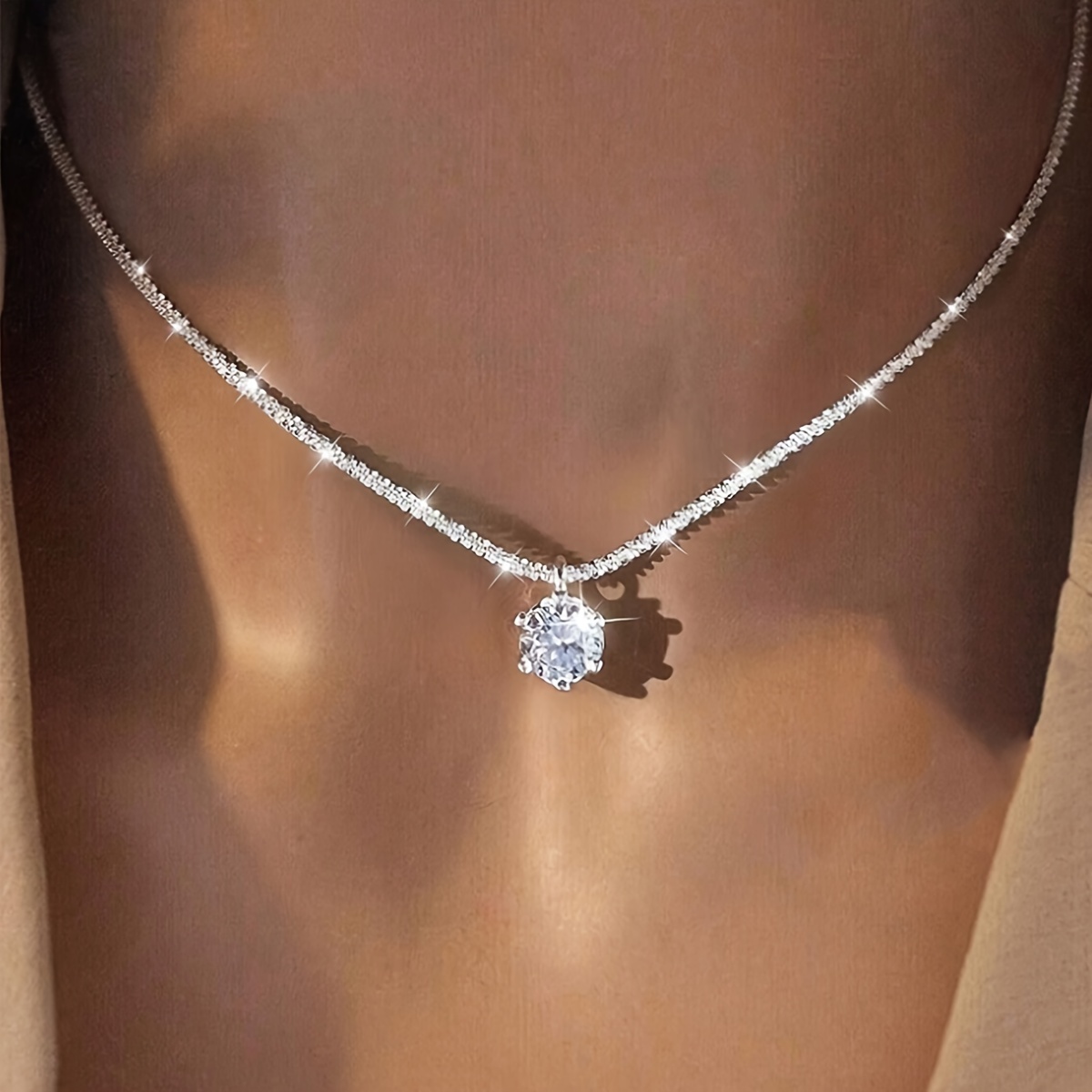 TEMU Light Luxury Shiny Cubic Synthetic Zirconia Pendant Necklace For Women, Perfect Gift For Casual Attire