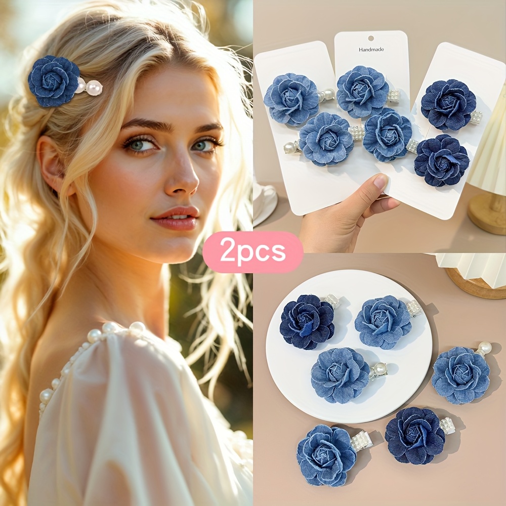 2pcs flower hair clips denim floral hair barrettes camellia - Temu