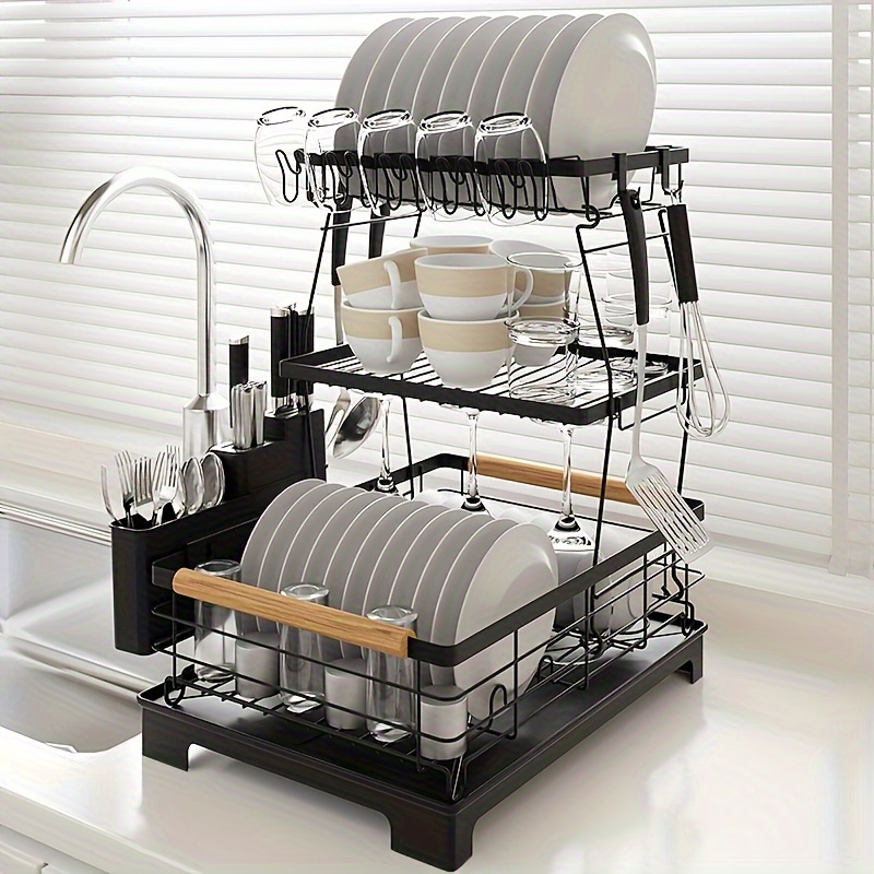 TEMU Dish Drying Rack, 3 Tier Large Dish Drying Rack For Kitchen Counter With Stainless Steel Dish Drainer For Dish/knifes/cup