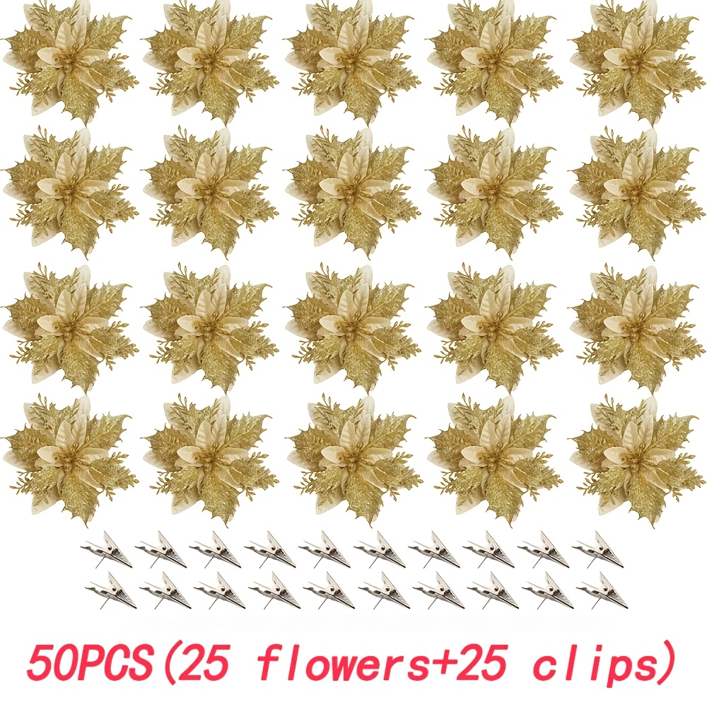 TEMU 50pcs Set Of Golden Artificial Christmas Flower Clips (25pcs Flowers And 25pcs Clips) - 3d Layered Simulation Of Red Roses, Plastic Material,